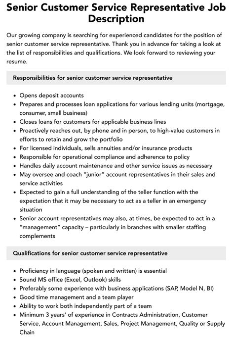 Senior Customer Service Representative .